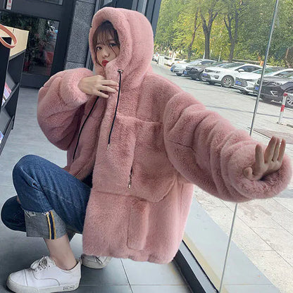 Chaqueta con Capucha de Piel Sintética para Mujer Otoño Invierno
