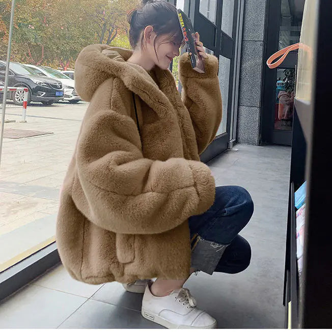 Chaqueta con Capucha de Piel Sintética para Mujer Otoño Invierno