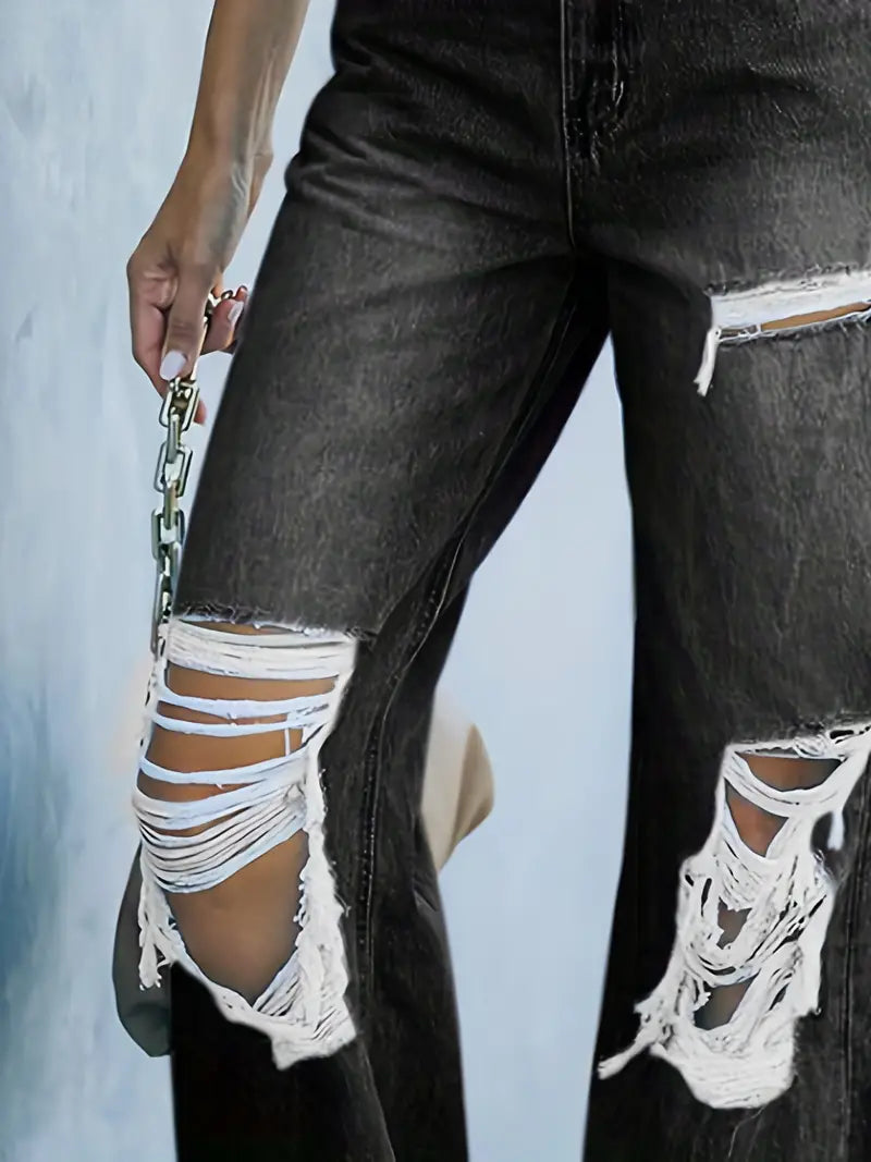 Pantalones Vaqueros de Cintura Alta y Pierna Recta - Holgados y Rasgados