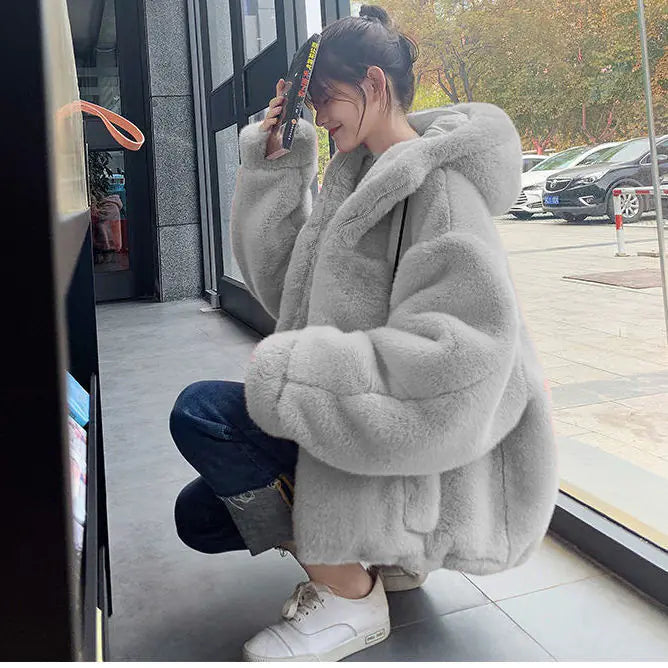 Chaqueta con Capucha de Piel Sintética para Mujer Otoño Invierno