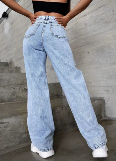 Jeans de Denim Desgastados de Cintura Alta en Azul Claro para Mujer