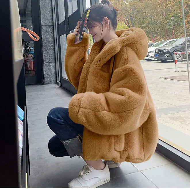 Chaqueta con Capucha de Piel Sintética para Mujer Otoño Invierno