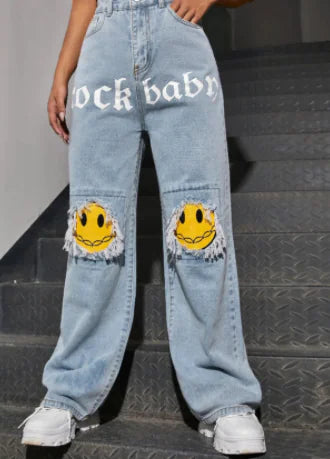 Jeans Rectos de Denim de Cintura Alta en Azul Claro para Mujer Y2K