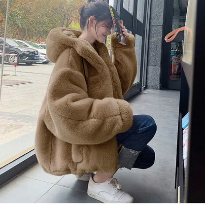 Chaqueta con Capucha de Piel Sintética para Mujer Otoño Invierno