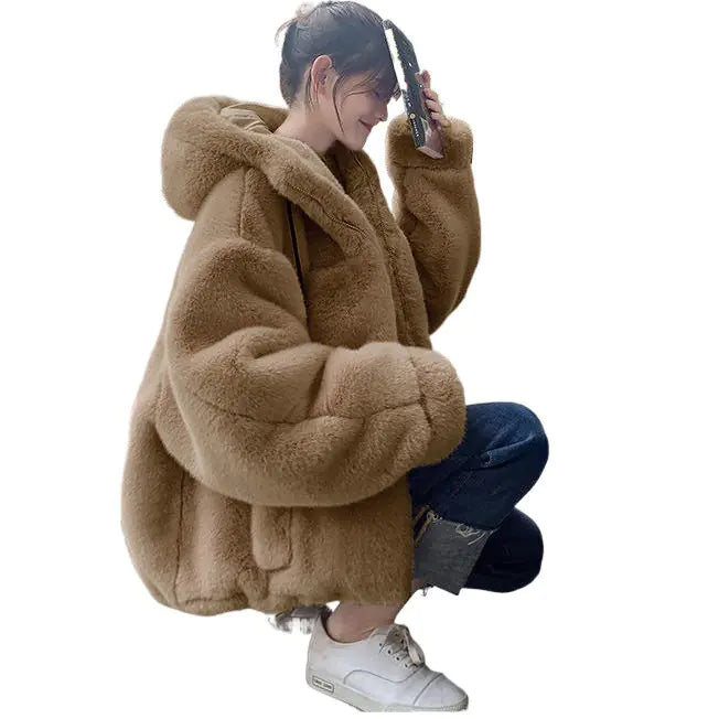 Chaqueta con Capucha de Piel Sintética para Mujer Otoño Invierno