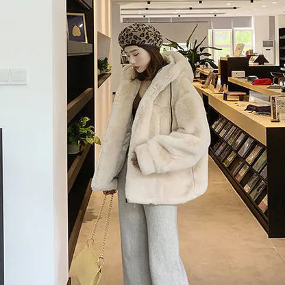 Chaqueta con Capucha de Piel Sintética para Mujer Otoño Invierno